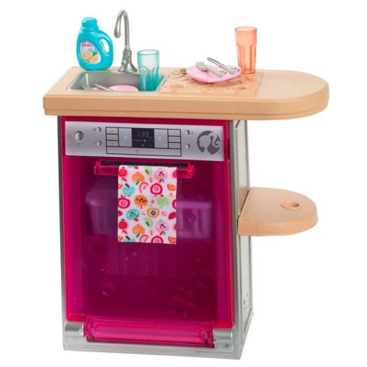 Barbie World Toy Dishwasher Set with 9 Dollhouse Kitchen Accessories Including Plates, Drying Rack, & More [ Exclusive]