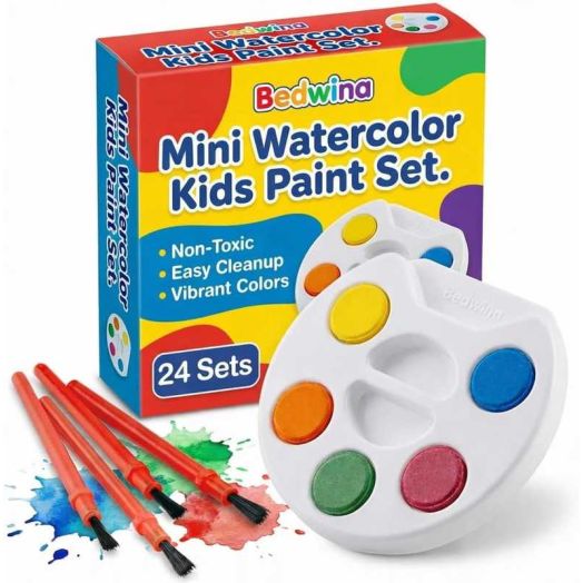 Bedwina Mini Watercolor Paint Set for Kids, 24-Pack - Non-Toxic Paints for Party Favors and Goodie Bags