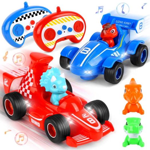 Beefunni 2 Pack Remote Control Car for Kids, Dinosaur Toy RC Car with Light & Music , Birthday Gift for 3 4 5 6 + Years Old Boys Girls Toddlers(Red & Blue)