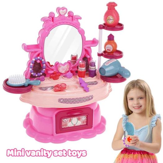 Beefunni Mini Kids Vanity Toy for Toddlers Girls 3 4 5 6+ Years, 24 Pcs Pretend Play Dress up Toys for Little Girl, Toy Dresser Birthday Gift for Toddlers Girl 3-6 Years.
