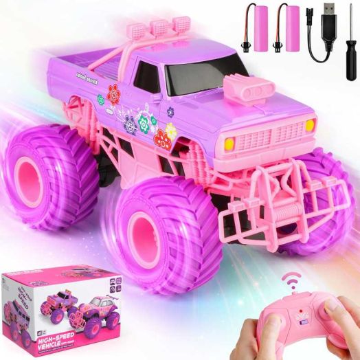 Beefunni Pink RC Car for Girls, 4WD Off-Road Remote Control Truck with 2.4GHz, Rechargeable Batteries, All-Terrain RC Toy for Kids Ages 6-12, Birthday Gift for Girls