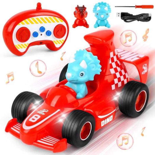 Beefunni Remote Control Car for Kids, Dinosaur Toy RC Car with Light & Music , Birthday Gift for 3 4 5 6 + Years Old Toddlers Boys Girls (Red)