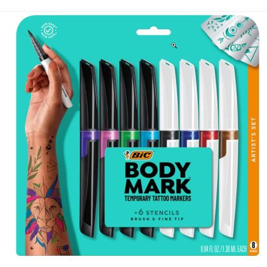 BIC BodyMark Temporary Tattoo Markers for Skin, Artist's Set, Mixed Tip, 8-Count Pack of Assorted Colors, Skin-Safe*, Cosmetic Quality