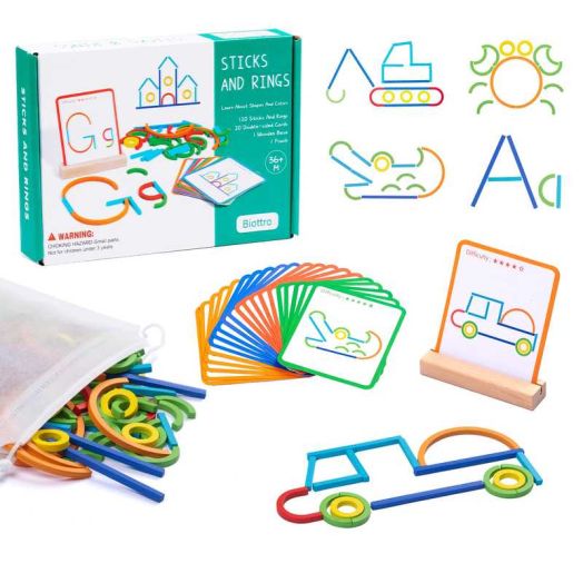Wooden Sticks and Rings STEM Construction Building Montessori Toys for Toddlers Boys Girls Kids 3+