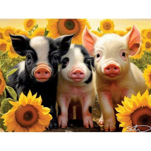 Bits and Pieces 1000-Piece Jigsaw Puzzle for Adults - Baby Pigs in Sunflowers, Hello Sunshine, Large 20" x 27", Random Die Cut, No 2 Pieces Alike
