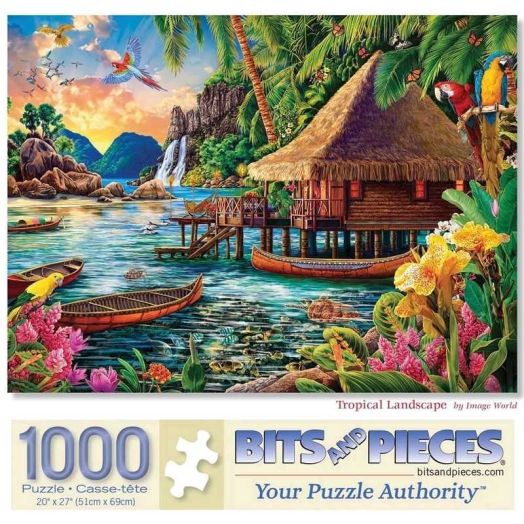Bits and Pieces Jigsaw Puzzles Tiki Hut Polynesian Lagoon Tropical Landscape 1000 Piece 20" x 27"