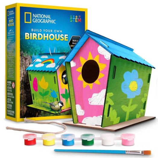 National Geographic Build Your Own Birdhouse Kit - DIY Wooden Craft Set with Paint, Brush, Journal, and Poster for Kids