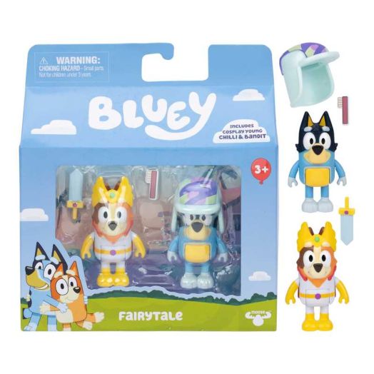 Bluey Fairytale Figure 2-Pack, 2.5 in Figures of Costume Chilli and Bandit Wearing His Hat, Ages 3+