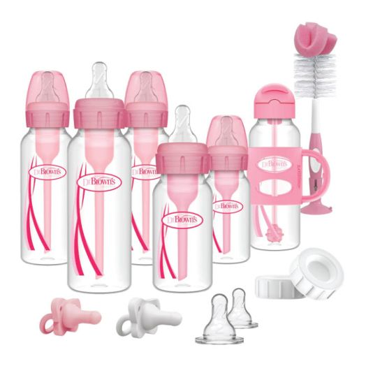 Dr. Brown's Options+ Anti-Colic Narrow Baby Bottle Gift Set (Pink) – Includes Sippy Straw Bottle, HappyPaci Pacifiers, Travel Caps & Brush