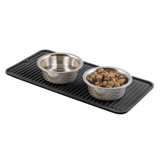 mDesign Premium Quality Square Pet Food and Water Bowl Feeding Mat for Dogs and Puppies - Waterproof Non-Slip Durable Silicone Placemat - Food Safe, Non-Toxic - Medium - Black