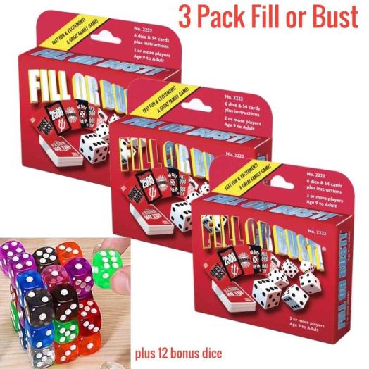 Fill or Bust Great Card and Dice Game - Toy - Family Fun For All Ages - Great Gift Idea - Plus 12 Bonus Dice (3 Pack Fill Or Bust Games, Plus 12 Xtra Dice)