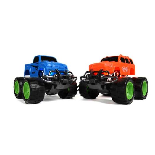 Set of 2 Friction Monster Trucks with Ramp - Travel-Size Off-Road Toy Trucks for Kids