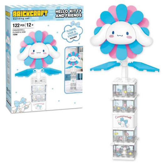 Brickcraft Cinnamoroll Flower & Vase (122 plastic pcs) - Sanrio Building Kit, Floral Décor & Modular Bouquet for Cute Home Display for Him or Her