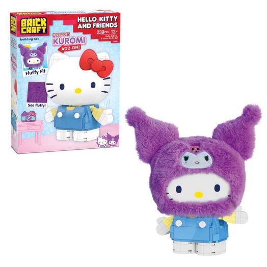 Brickcraft Hello Kitty and Friends Kuromi Fluffy Fit Building Kit (239-Piece Set), Sanrio Character Brick Toy with Fluffy Hood Accessory, Collectible Display Figure, Kawaii Gift for Kids and Adults