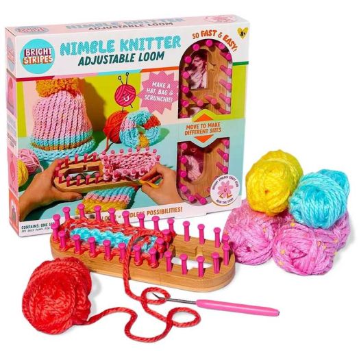 Bright Stripes Nimble Knitter Kit| 4-in-1 Adjustable Bamboo Loom with Chunky Yarn & Guide| DIY Craft Set to Make Scrunchies, Hats, Bags & More| Great for All Ages