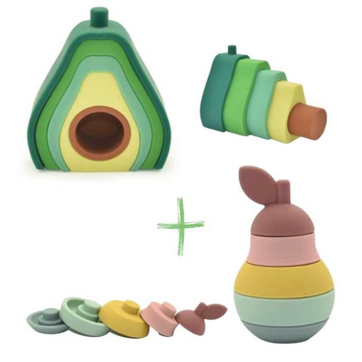 Avocado Stacker 6PC Toddler Toys, Baby Stacking Toys, Montessori Toys, Silicone Nesting Puzzle Blocks for Early Childhood Education, Army Green Series (Avocado/Pear), 6PCs