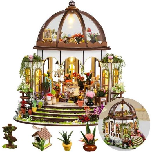 DIY Miniature House Kit, Wooden Garden Mini House with Furniture & LED Light, Creative Dollhouse Kit, Wooden Doll House, Model Building Kit for Adults (Hanging Garden)