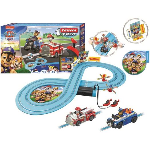 Carrera FIRST PAW Patrol On The Track Beginner Battery Operated Slot Car Toy Race Track Set featuring Chase versus Marshall