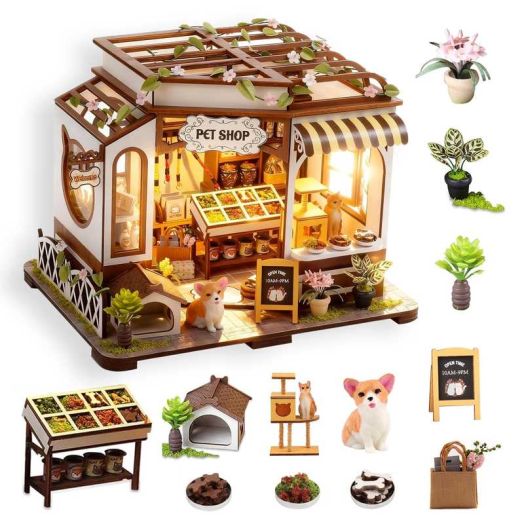 Casrra DIY Miniature House Kit- 3D Wooden Puzzle Mini Pet Shop Tiny House Kit for Adults Tiny Home Kit with Furniture