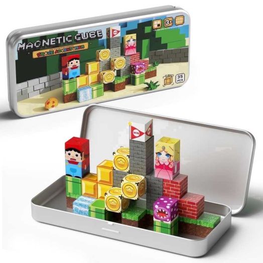 Mini Magnetic Building Blocks Travel Toy, 35PCS STEM Magnetic Cubes with Metal Storage Box for Kids Ages 4-8, Christmas Birthday Gift for Boys & Girls