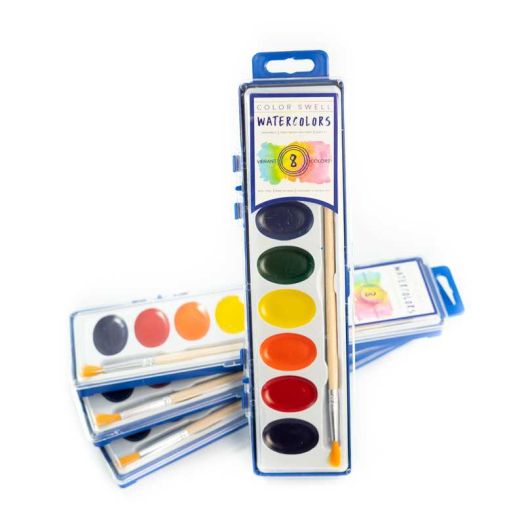 Color Swell 8 Color Bulk Watercolors with Wood Brushes - 4 Packs