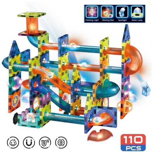 Contixo 110-Piece Glow-in-the-Dark Marble Run Magnetic Tile Set, STEM Building Blocks for Ages 3+