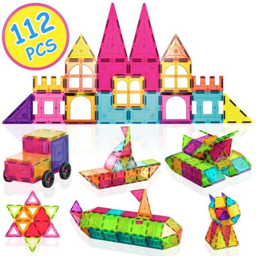 Contixo Magnetic Tiles, 3D Magnetic Blocks, STEM & Sensory Learning, Kids ages 3+, Includes Storage Bag, 112 PCS