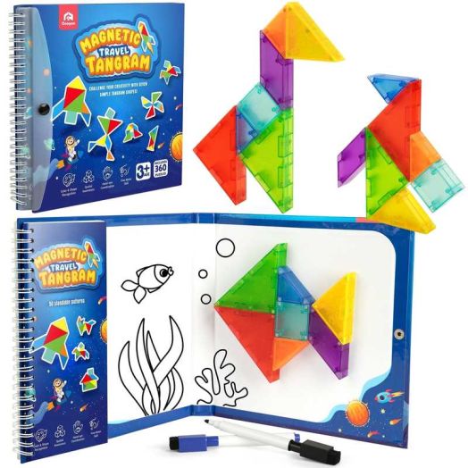 Coogam Magnetic Blocks Travel Tangram Puzzle, Road Trip Tango Puzzle Pattern Blocks Shape Jigsaw Books with 360 Challenges, Montessori Educational Toy for 3 Years Old