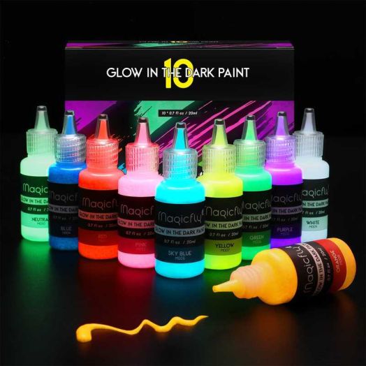 Magicfly Acrylic Glow in The Dark Paint, 10 Bright Colours 60 ml / 2 oz for Painting, Halloween , Christmas