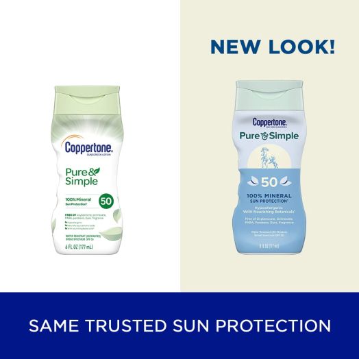 Coppertone Pure and Simple SPF 50 Sunscreen Lotion, Water Resistant, Hypoallergenic, Dermatologically Tested, Plus 100% Natural Botanicals, Broad Spectrum UVA/UVB Protection,White, 6 Ounce  (Packaging May Vary)