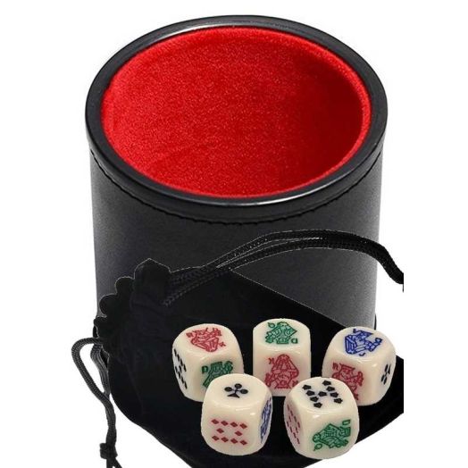 16mm Poker Dice Ivory Tone Rounded Corners with Storage Pouch, Bundled in Black PU Leather Dice Cup Plush Red Felt Lined