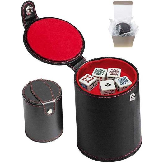 Cyber-Deals Set of 16mm Poker Dice White "Clubs" Ace and Black PU Leather Red Felt Lined Dice Cup with Storage Compartment (Gift Boxed)