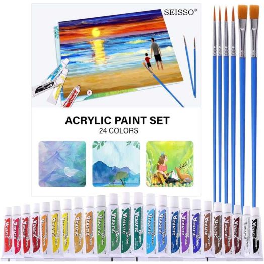 DEWEL 24-Color Acrylic Paint Set with 6 Brushes, Flat Finish, for Adults and Kids