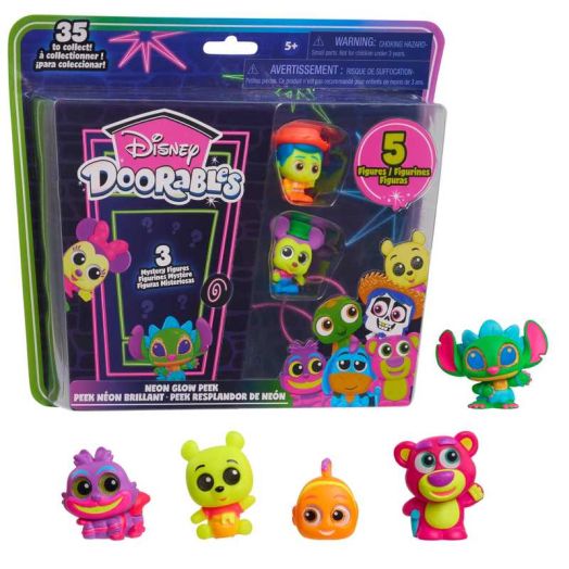Disney Doorables Neon Glow Peek Figures, 1.5-inch Collectible Figurines, Kids Toys for Ages 5 up