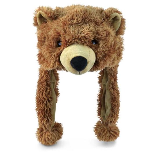 DolliBu Plush Brown Grizzly Bear Hat - Stuffed Animal Plush Hat with Ear Flaps for Teens and Adults, Cute Beanie Teddy Bear Costume for Winter Outfits - One Size