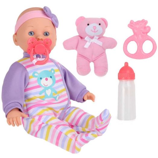 Dream Collection: 14" Baby Doll Maggie - Purple-Pink-Yellow Stripes, Soft Body, Stuffed Teddy Bear, Teether, Magic Bottle, Magnetic Pacifier, Kids 2+