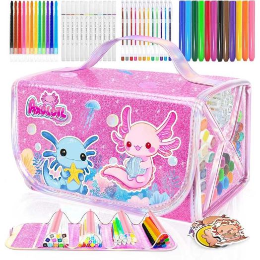 70PCS Axolotl Washable Markers Set with Glitter Case,Supplies for Kids Ages 4-6-8,Drawing Coloring Craft Kits for Girls with Marker,Glitter Pens,Crayon,Birthday Gifts Toys for Girls
