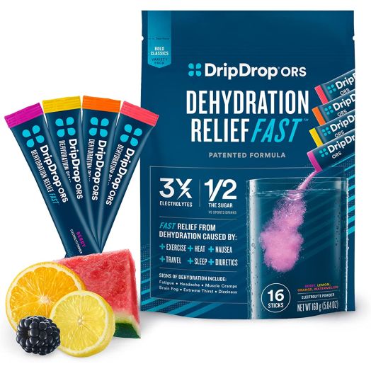 DripDrop ORS Patented Electrolyte Powder for Dehydration Relief Fast - For Workout, Hangover, Illness, Sweating and Travel Recovery - Bold Classics- Watermelon, Berry, Lemon, Orange Variety Pack - 16 x 5.64oz Servings