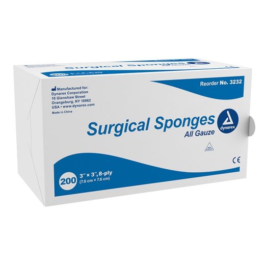 Dynarex Surgical Gauze Sponge, 3" x 3" 8-Ply Non-Sterile Box of 200