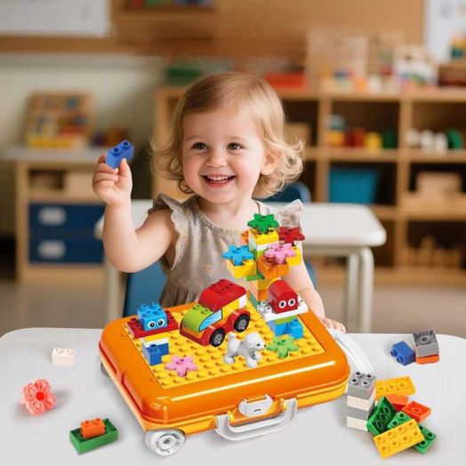 Ekuzi Large Building Blocks Suitcase for Kids Age 3-5 Girls & Boys,Big Bricks Compatible with DUPLO Blocks,Portable