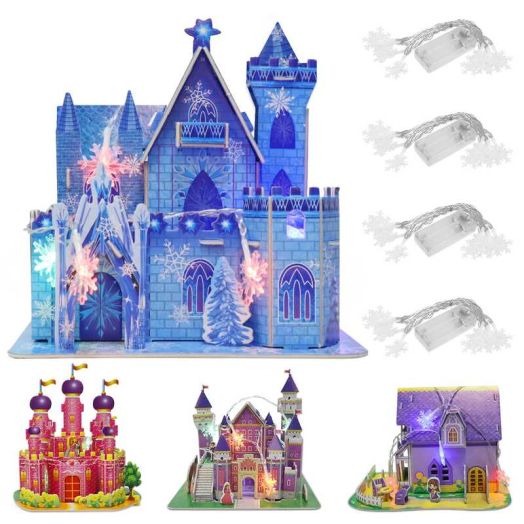 Enroslu 4 Pack 3D Jigsaw Puzzle Building Toys with LED Lights, Princess Ice Elas Castle, Frozen Small Doll House, Educational toy, A Great Gift for 3-11 Years Old Kids