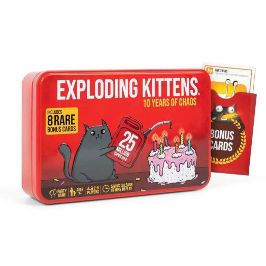 Exploding Kittens 10th Anniversary Collectible Tin - New Edition with 8 Legacy Cards. A hilarious, fast-paced card game for all ages-easy to learn, travel-friendly, and perfect for family fun!