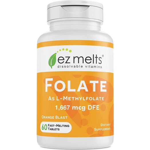 EZ Melts Folate as L-Methylfolate, 1,667 mcg DFE, Sublingual Vitamins, Vegan, Zero Sugar, Natural Orange Flavor, 60 Fast Dissolve Tablets