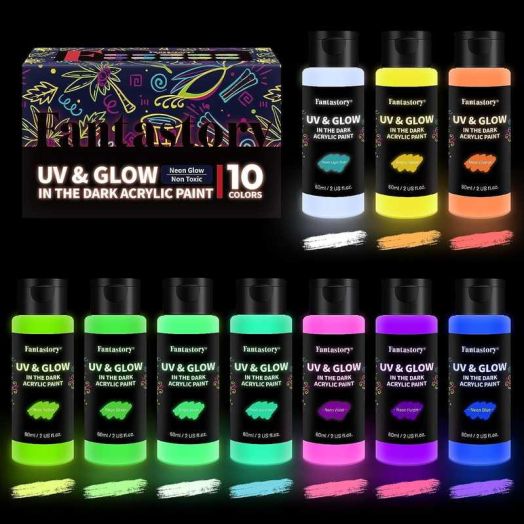 Fantastory Glow in The Dark Paint - 10 Extra Bright Colors 60 ml / 2 oz Glow in Dark Acrylic Paint