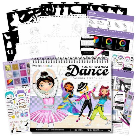 Fashion Angels: Fashion Sketch Set - I Just Wanna Dance - Design & Create Themed Outfits, 35 Page Drawing Art Portfolio, Stickers & Stencils, Kids 6+