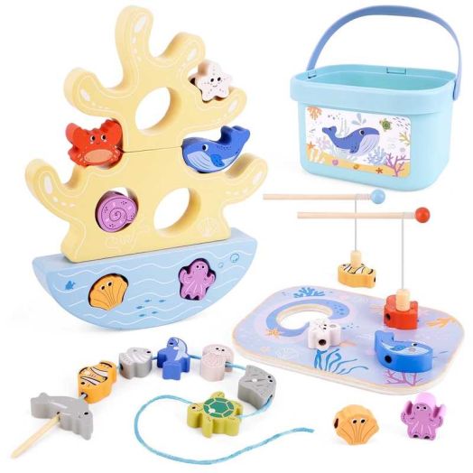 3 In 1 Wooden Stacking Montessori Toys for 2 3 4 5 Year Old Boys Girls Kids, Learning Toys Include Balance Game, Fishing Games, Lacing Beads Toy, Birthday Gifts as Toddlers Toys