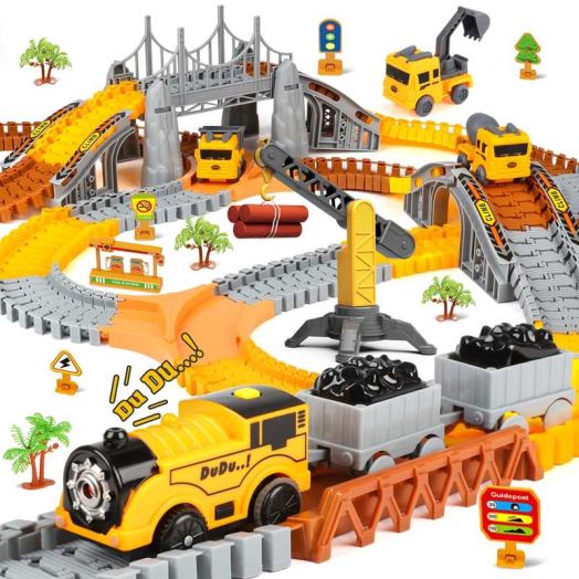 Flooyes Construction Race Tracks Toy for 3 4 5 6 7 8 Year Old Kids, Flexible Track Play Set, Engineering Road Games, Birthday Gift for Boys Girls