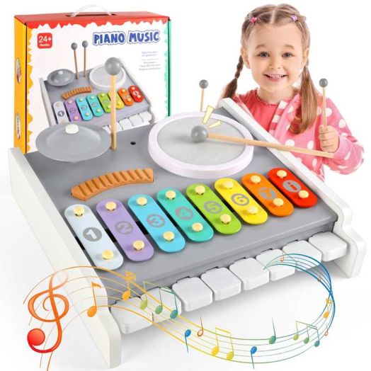 Flooyes Kids Drum Set, Musical Instruments Toys for Toddlers, 5-in-1 Montessori Toys, Wooden Piano Keyboard Xylophone, Educational Toys Birthday Gift
