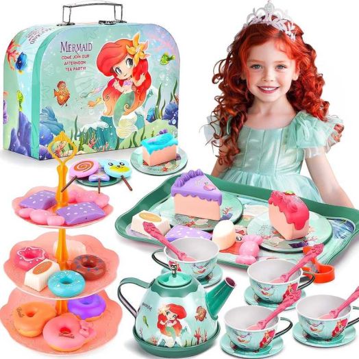 Flooyes Mermaid Tea Party Set for Kids, Pretend Play Tea Set, 48 PCS Toy Tea Set Includes Teapot, Cups, Saucers, and Accessories - Gifts for Kids Girls Parties Role-Playing Games