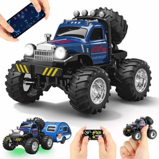 Flooyes Mini Remote Control Monster Truck with Trailer, 24Ghz RC Car with Lights, Birthday Gift Toys For Kids Boys Girls 3 4 5 6 7 8